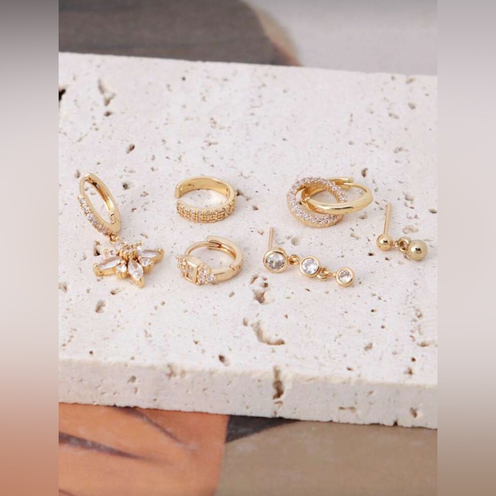 Gold Tone 6PC Earring Set Rhinestone Hoop Stud Dangle Ear Stack Set - Picture 2 of 2